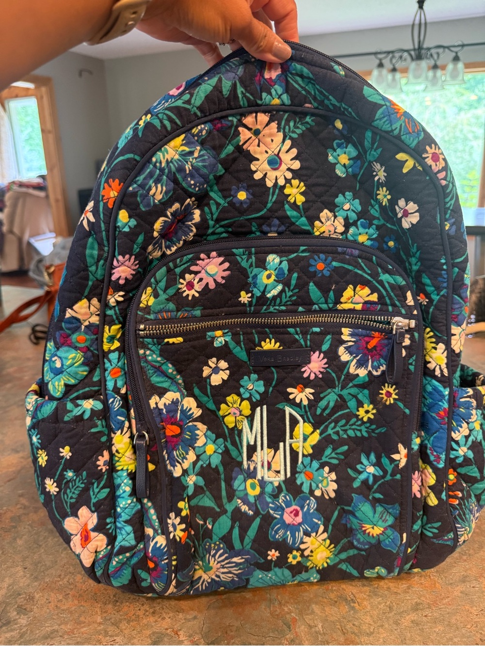 Vera Bradley Navy Floral Quilted Backpack with Monogram